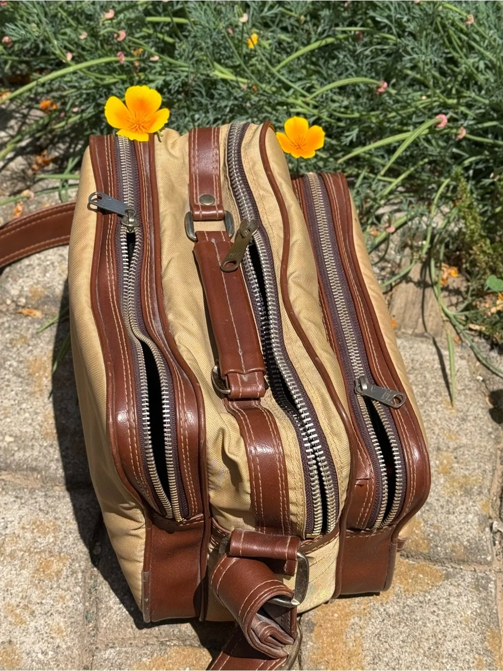 Canvas Travel Messenger Camera Bag, Tan and Brown, zippered, vintage retro